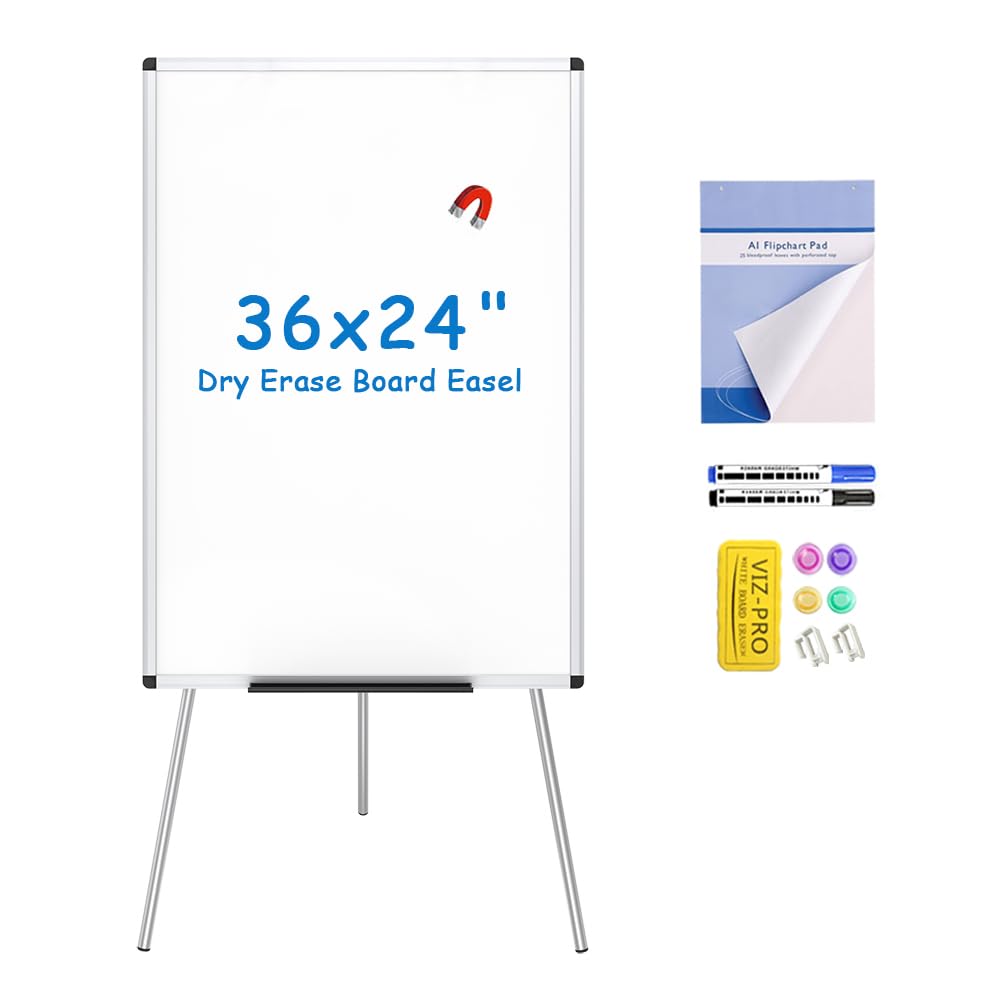 VIZ-PRO Magnetic Whiteboard Easel, 36 x 24 Inches, Portable Dry Erase Board