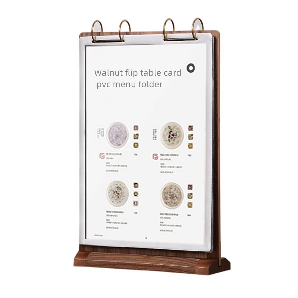 A4 Walnut Wood Sign Holder Vertical Table Flip Display 6 Pages 12 Pictures