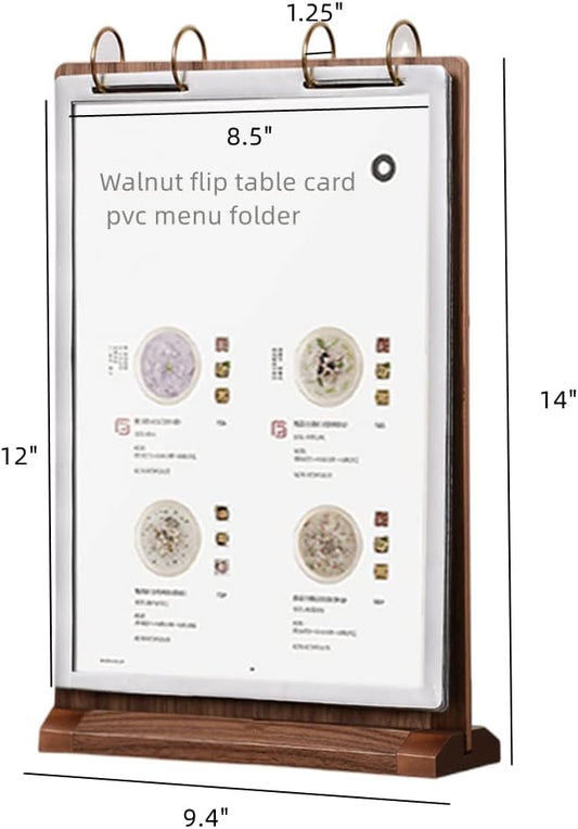 A4 Walnut Wood Sign Holder Vertical Table Flip Display 6 Pages 12 Pictures