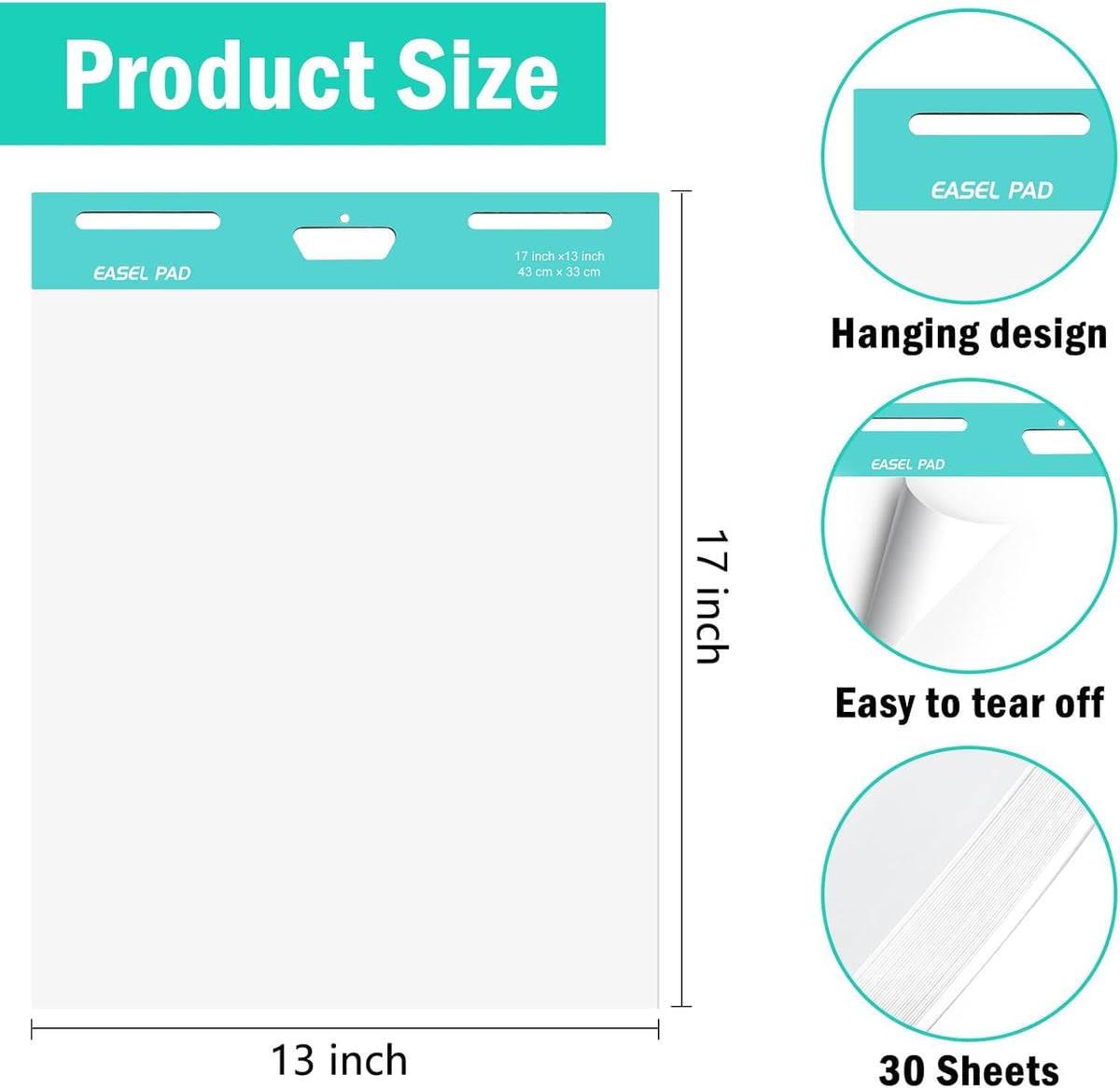Sticky Easel Pad, 13 x 17 In Self Stick Chart Paper for Teachers, Super Sticking Power Anchor Chart Paper for White Board, Flip Chart Paper with Sticky Back for Classroom, Office, School, 30 Sheet/Pad, 5 Pads