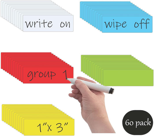 STTMGN Dry Erase Magnetic Labels (1x3,Pack of 60),Write On Magnets Sticker,Real Waterproof/Reusable for Classroom&Office&Cabinet&whiteboard&Fridge&More (Multicolor)