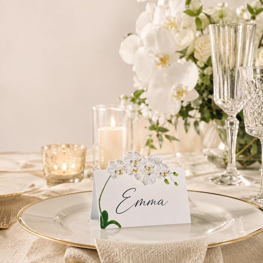 White Orchid Floral Place Cards 50 Count Wedding Tent Cards Table Setting