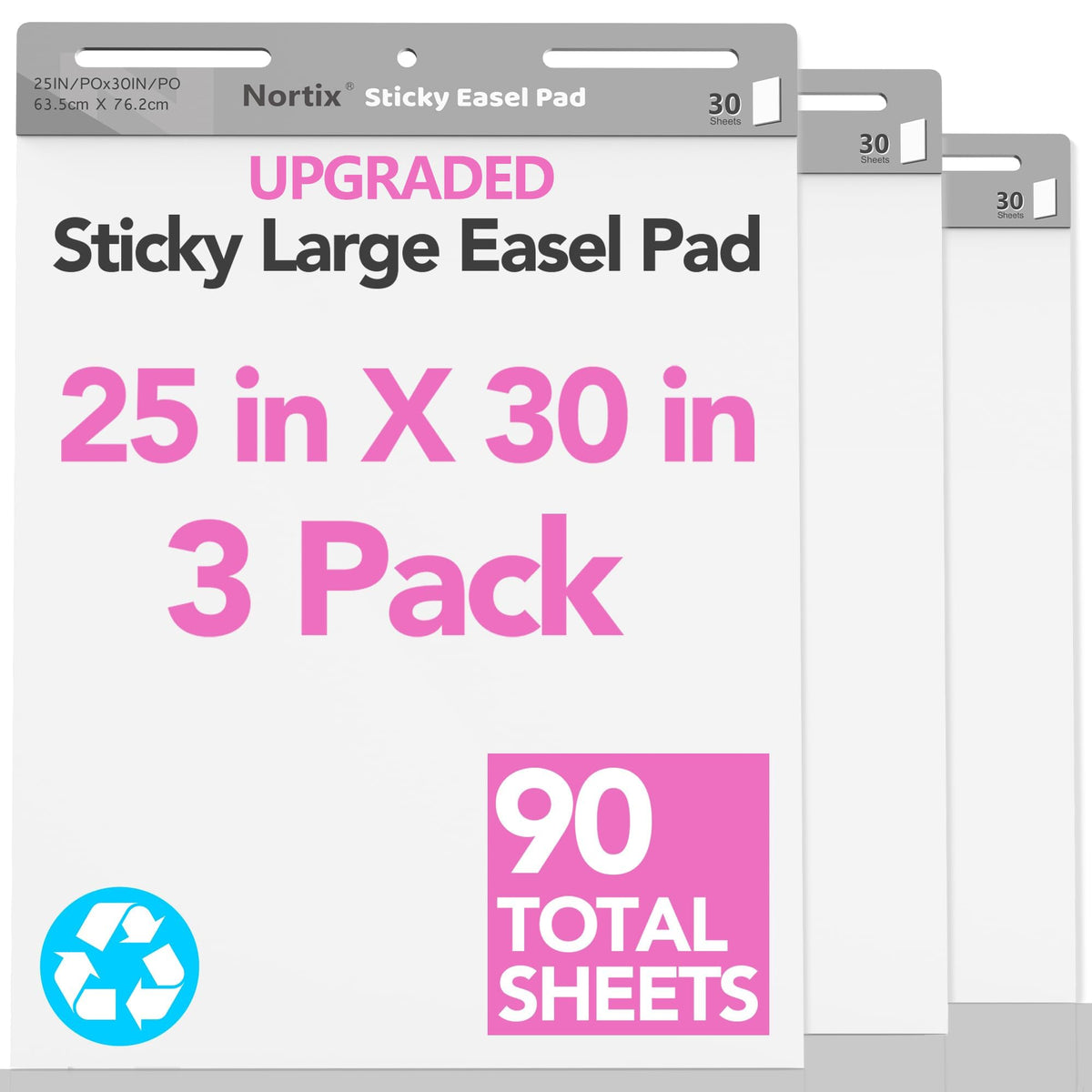 Nortix Flip Chart Paper, Sticky Easel Pads, Chart Paper for Teachers,Super Adhesive & Bleed-Resistant, Large Self-Stick Easel Paper for Classroom/Office, 25 x 30 inch, 30 Sheets/Pad, 3 Pads
