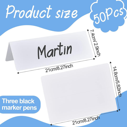 50 Pieces Dry Erase Name Tent Table Cards 5.8 x 7.9 Inches Non Adhesive Reusable Desk Name Cards Tags Plates with 3 Pieces Black Markers for Weddings Guest, Office, Meetings, Dinner Party, White