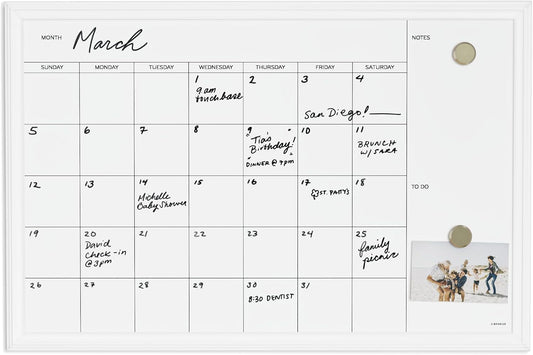 U Brands Magnetic Dry Erase Calendar White Board, 30" x 20", White Wood Style Frame, Includes Magnets