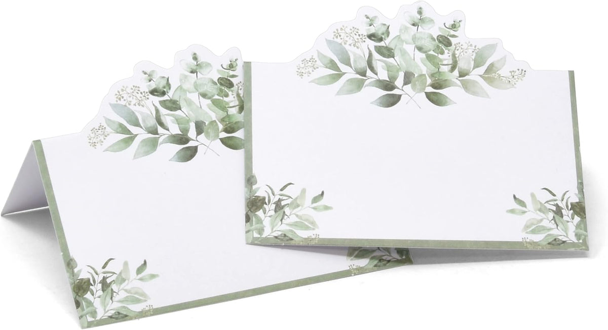 Gift Boutique 100 Pack Eucalyptus Greenery Place Cards Floral Green Leaves Seating Name Card Folded Tent Cards for Baby Shower Reception Tables Placement Party Decorations 2" x 3.5"