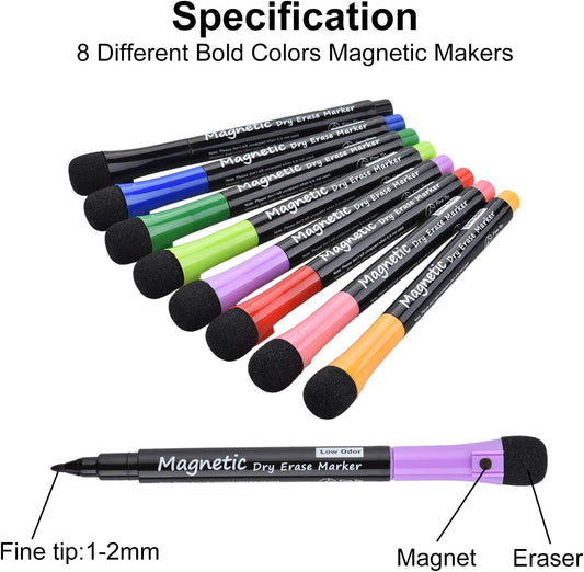 Magnetic Dry Erase Markers, (8 Pack) Dealkits Low Odor White Board Markers Whiteboard Markers with Erasers for Kids Teacher Supplies for Classroom Work on White Board, Calender, Fine Tip Point