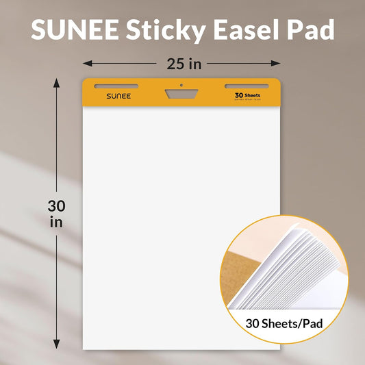 SUNEE Sticky Easel Pads, 25x30 Inches, 30 Sheets/Pad, 10 Pack – Self Stick Flip Chart Paper for Whiteboards, Premium Large White Chart Paper