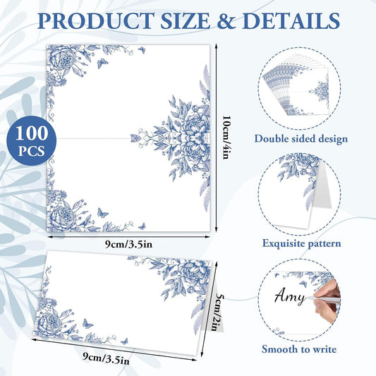Whaline 100 Pcs Blue Floral Place Cards 2 x 3.5 Inch Tented Name Cards Chinoiserie Rose Flower Blank Seat Assignment Labels for Wedding Bridal Baby Shower Birthday Party Table Setting Supplies