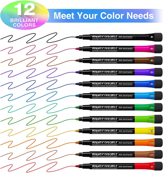 Magnetic Dry Erase Markers Fine: 12 Colors Erasable Whiteboard Markers Fine Point with Eraser Cap, Low Odor White Board Dry Erase Pens Fine Tip for Kids & Teachers, Home, Office and School Supplies