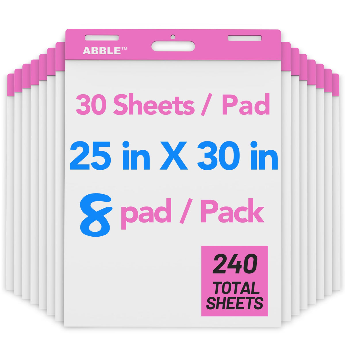 Super Sticky Easel Pad, 25 x 30 Inches, 30 Sheets/Pad, 8 Pads/Pack (Pink), Large Self Stick Flip Chart Paper for Whiteboards, Premium White Chart Paper for Teachers, Office, and Classroom Supplies