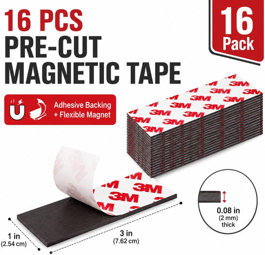 16 Pack Magnetic Strip, Magnetic Tape with Adhesive Backing, Magnet Strips Heavy Duty (3" X 1") Strong Adhesive Magnetic Strips for DIY, Fridge, Whiteboard, Crafts, Signs, Cabinet(Right Angle)