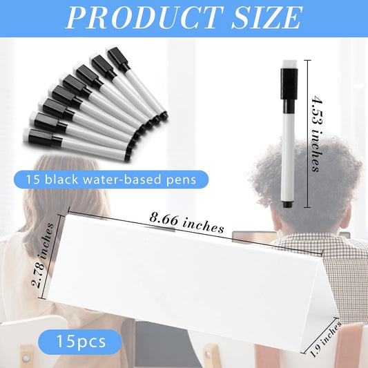 Acrylic Dry Erase Name Tent Cards, 15 Sets Reusable White Name Plates with Black Markers, 8.7 x 2.8 x 1.9 Inches Wipe Clean Desk Tags for Classroom, Office, Conference, Wedding