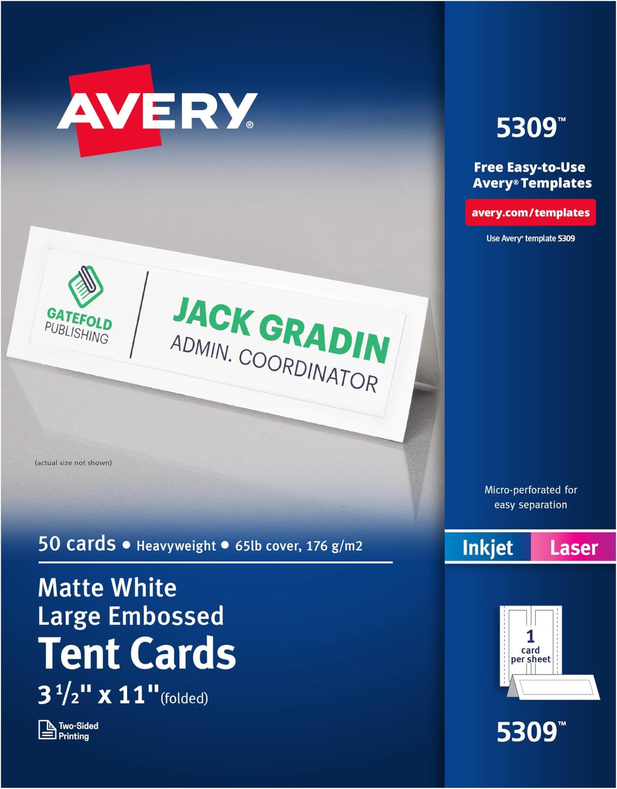 Avery Printable Tent Cards, 3.5" x 11", Matte White, 50 Place Cards