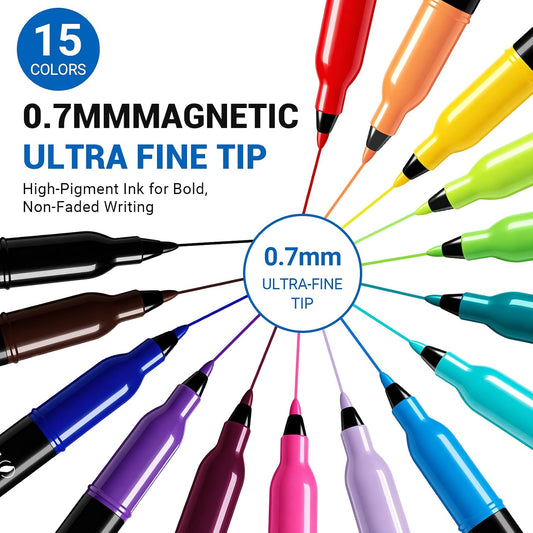SFAIH 15 Colors Magnetic Dry Erase Markers, 0.7mm Ultra Fine, with Eraser