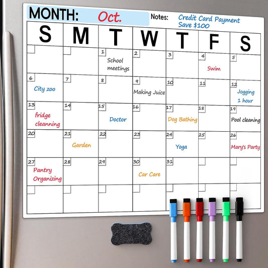 Dry Erase Magnetic Calendar for Refrigerator - Monthly Planner Magnet Whiteboard for Fridge Wall Door - Shopping, Meal/Menu, to Do List, Family Schedule Planning Board with 6 Markers - Black