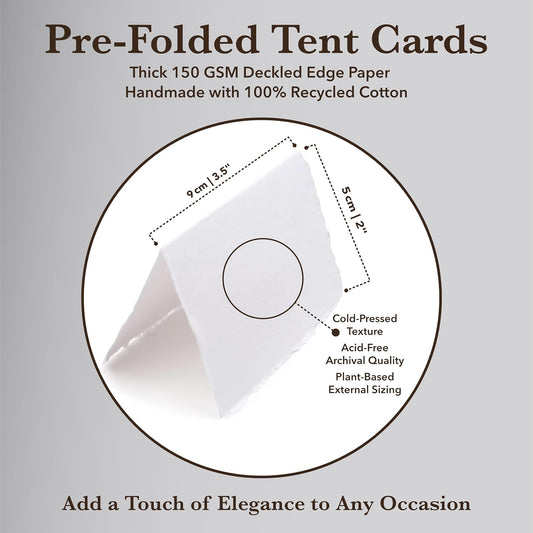 Wanderings Handmade Deckle Edge Tent Cards – Folded 2" x 3.5" - 150 GSM - 50-Pack – White Cotton Paper – Ideal for Place or Blank Name Cards, Table Settings, Gift Tags, Love Notes