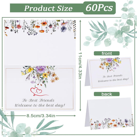 QDOAOF-60pcs Floral Wildflower Place Cards, Paper Size 4.33x3.54 Inch, Tent Card, Escort Card, Name Cards, Wedding Place Cards for Table, Dinner Parties, Seating Cards (Style B)