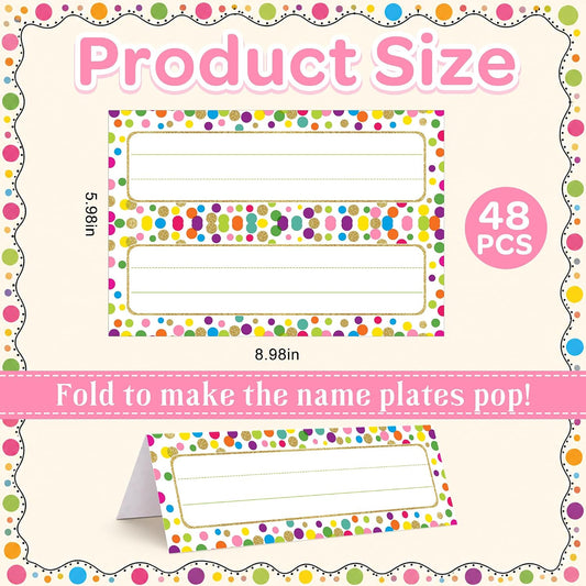 48 Pcs Tented Nameplates for Desk, 9" x 3" Confetti Student Desk Name Tags