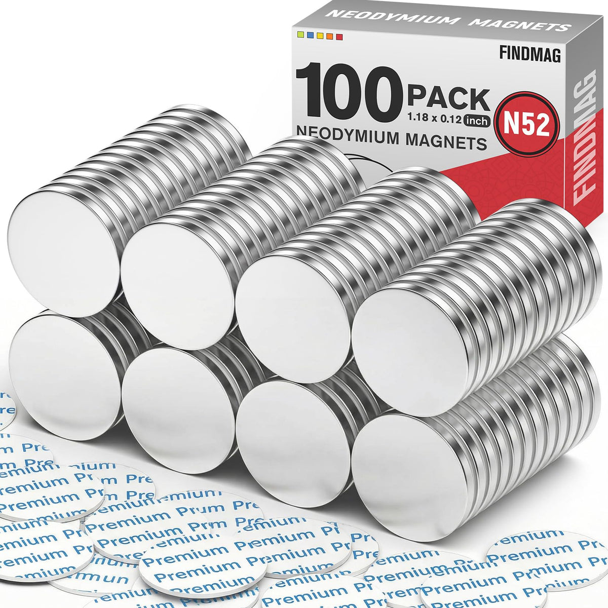 FINDMAG 4 Pcs Neodymium Disc Magnets, Adhesive Magnets, 1.18'' D x 1/8'' H