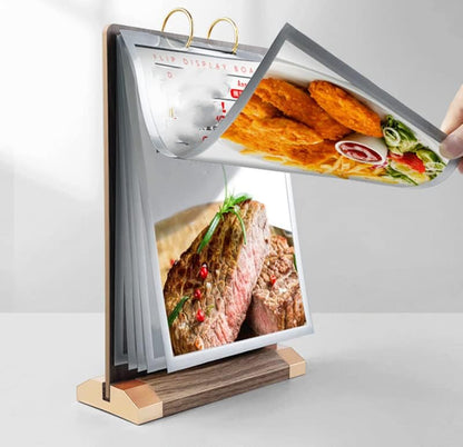 A4 Walnut Wood Sign Holder Vertical Table Flip Display 6 Pages 12 Pictures
