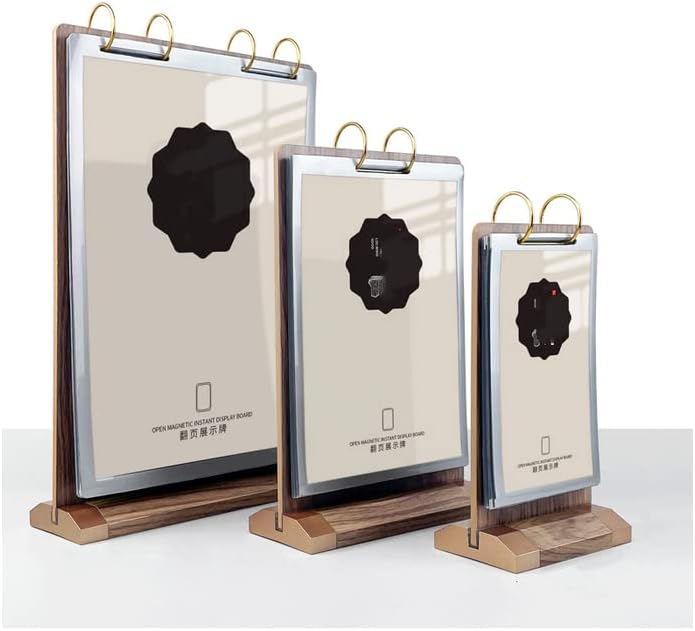 A4 Walnut Wood Sign Holder Vertical Table Flip Display 6 Pages 12 Pictures