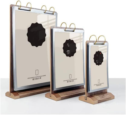 A4 Walnut Wood Sign Holder Vertical Table Flip Display 6 Pages 12 Pictures