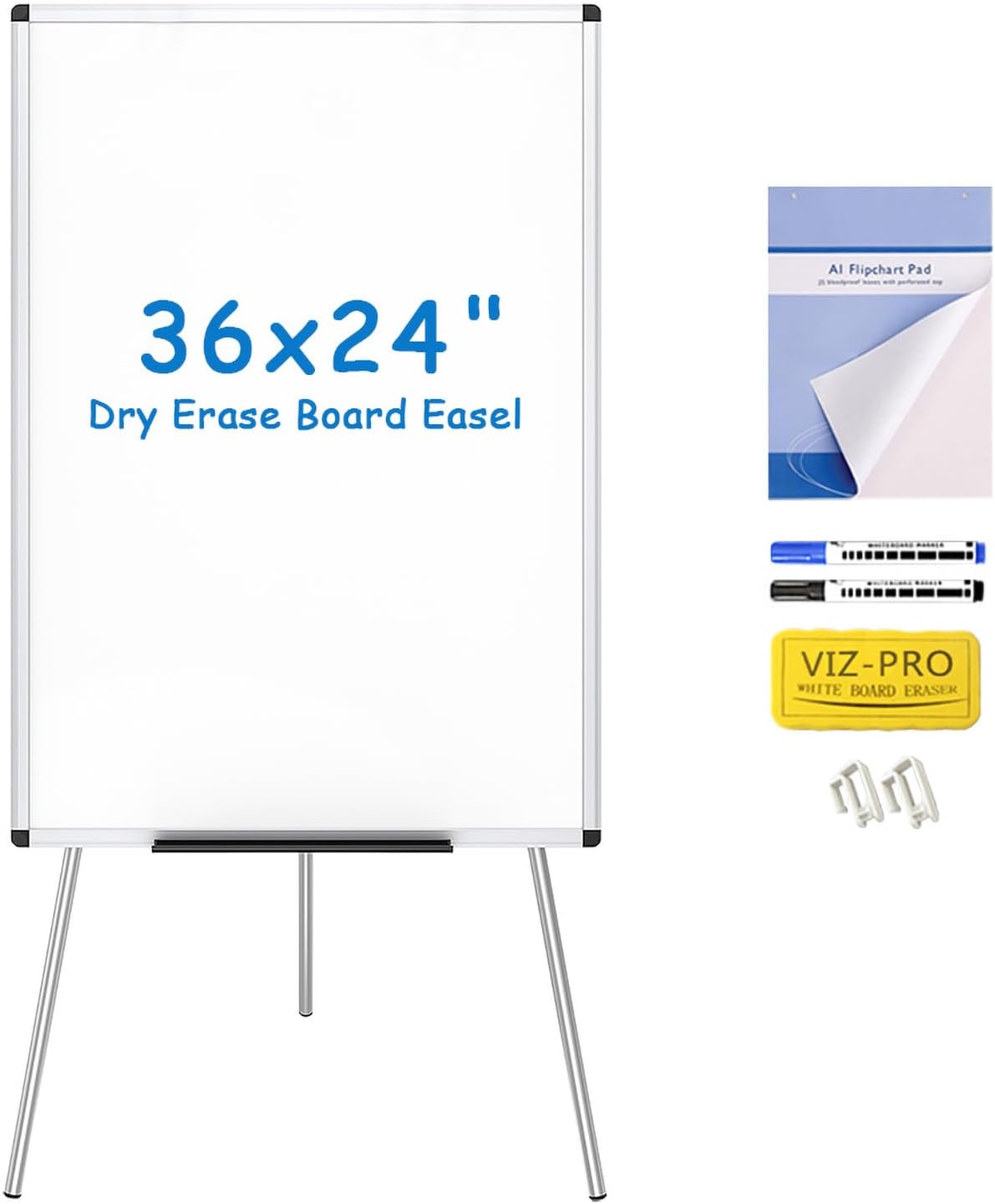 VIZ-PRO Whiteboard Easel, 36 x 24 Inches, Portable Stand Dry Erase Board