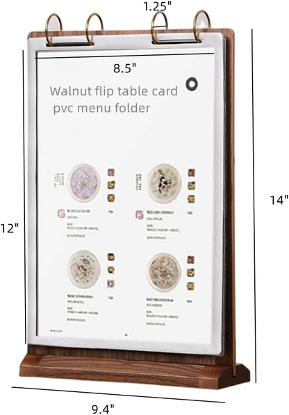 A4 Walnut Wood Sign Holder Vertical Table Flip Display 6 Pages 12 Pictures