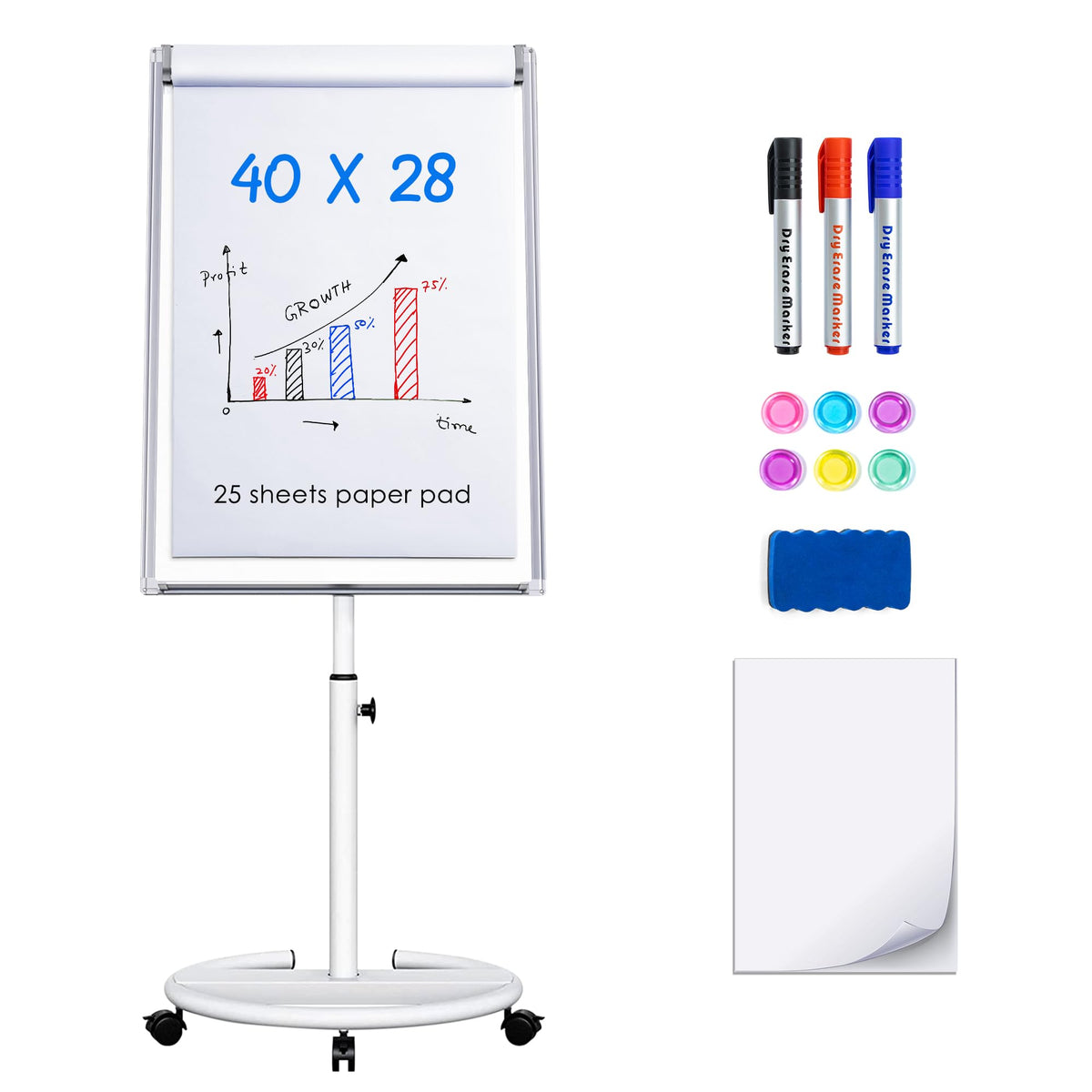 Maxtek Whiteboard on Wheels 40 x 28 in, Magnetic Rolling Dry Erase Easel