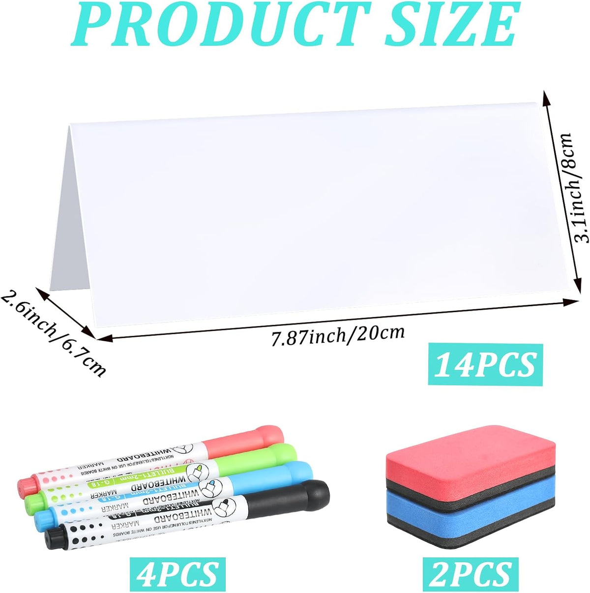 14 Pcs Reusable Dry Erase Name Tent Cards for Table with 4 Dry Erase Markers and 2 Erasers, 7.8" x 3.1" Reusable PVC Name Cards Desk Place Card Plates for Weddings Classroom Office Meetings, White