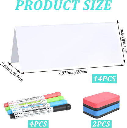 14 Pcs Reusable Dry Erase Name Tent Cards for Table with 4 Dry Erase Markers and 2 Erasers, 7.8" x 3.1" Reusable PVC Name Cards Desk Place Card Plates for Weddings Classroom Office Meetings, White