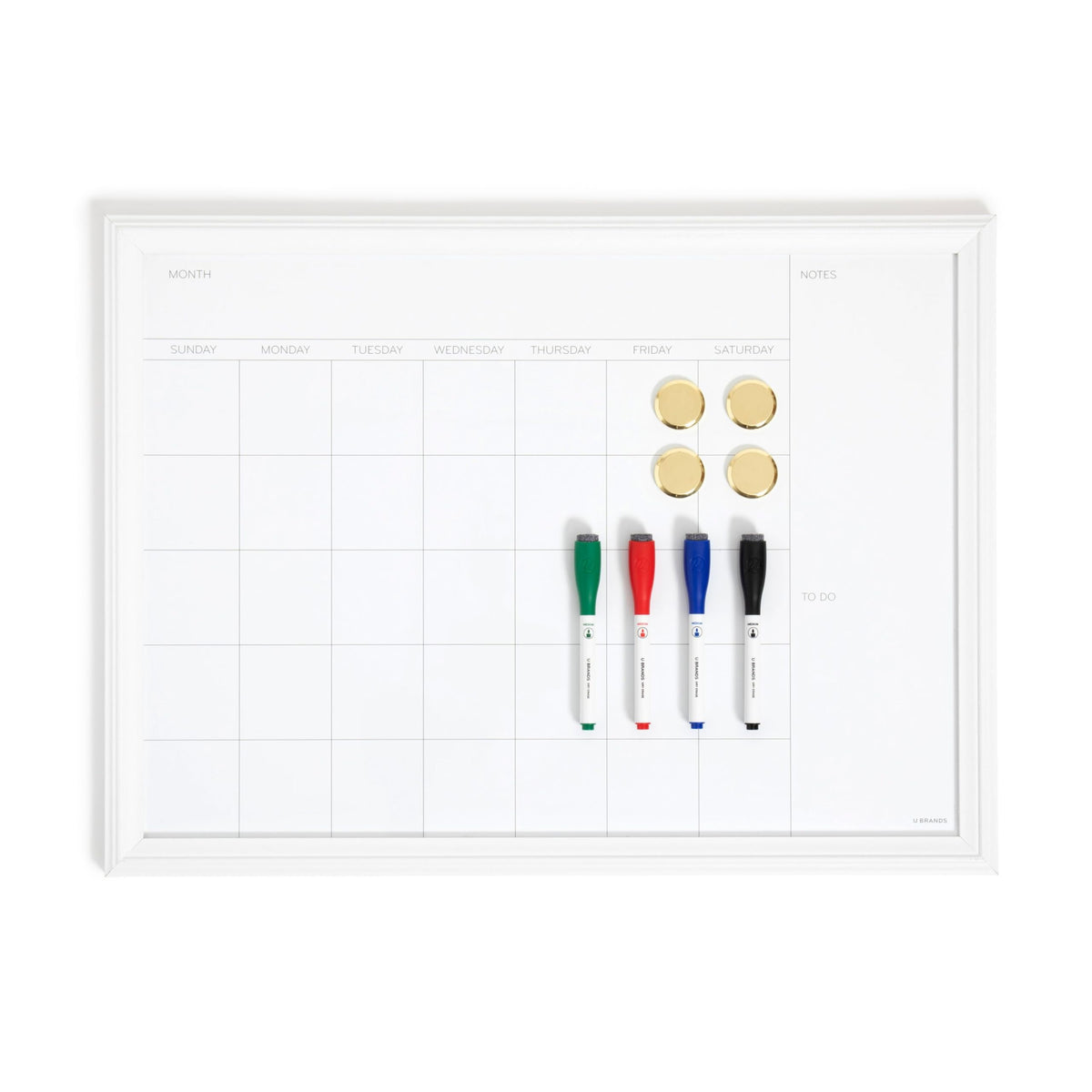 U Brands Magnetic Dry Erase Calendar White Board, 30" x 20", White Wood Style Frame, Includes Magnets