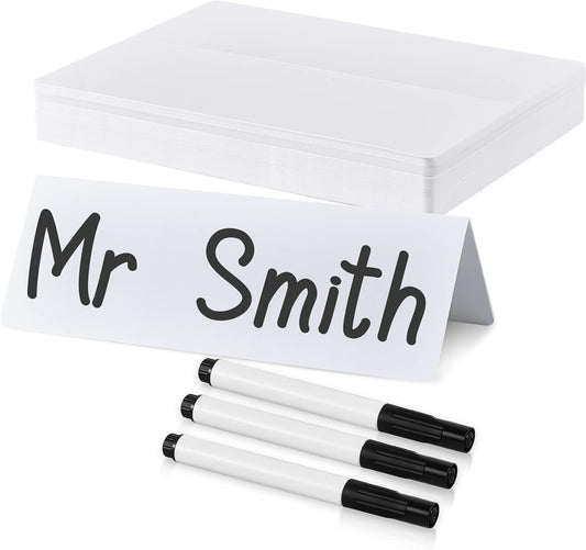 50 Pieces Dry Erase Name Tent Table Cards 5.8 x 7.9 Inches Non Adhesive Reusable Desk Name Cards Tags Plates with 3 Pieces Black Markers for Weddings Guest, Office, Meetings, Dinner Party, White