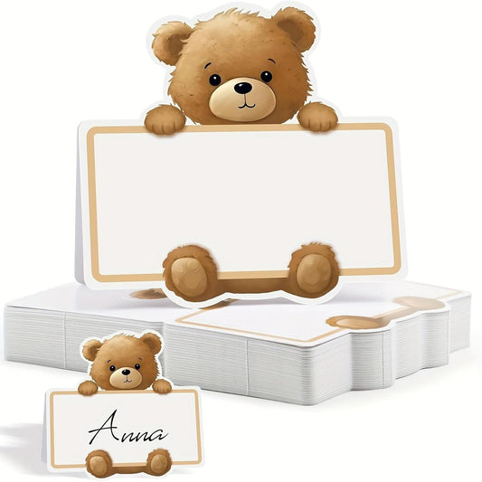 50PCS Cute Bear Place Cards, 3D Foldable Gender Reveal and Baby Shower Table Decorations, Teddy Bear Name Tag Labels Stickers for Birthday Party Table Setting Supplies, Name Tags (50)