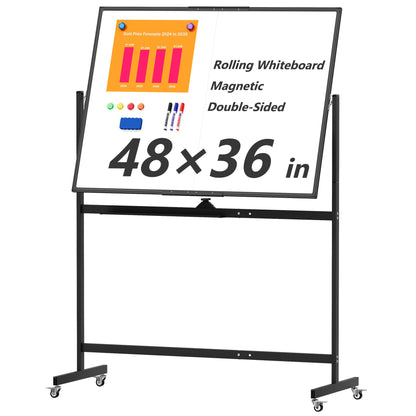 Large Rolling Whiteboard on Wheels, 48" x 36" Double-Sided Mobile White Board with Stand, 4' x 3' Portable Standing Magnetic Dry Erase Board Easel for Home Office Classroom School, Silver