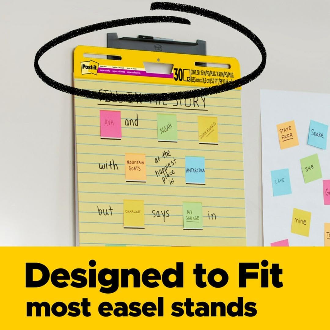 Post-it Super Sticky Easel Pad, 25 x 30 Inches, 30 Sheets/Pad, 4 Pads (561VAD4PK), Yellow Lined Premium Self Stick Flip Chart Paper, Super Sticking Power (561 VAD 4PK)