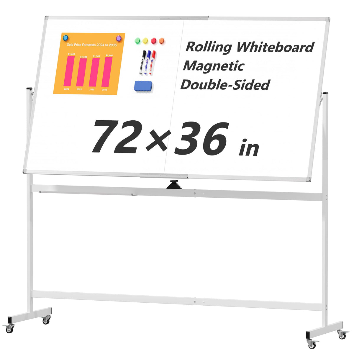Large Rolling Whiteboard on Wheels, 48" x 36" Double-Sided Mobile White Board with Stand, 4' x 3' Portable Standing Magnetic Dry Erase Board Easel for Home Office Classroom School, Silver