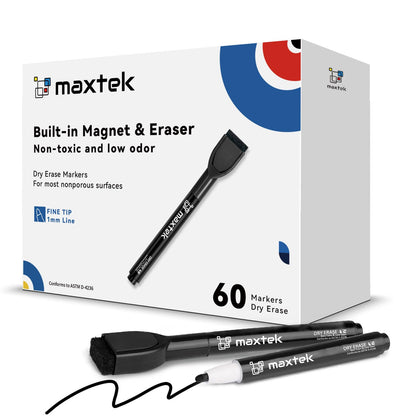 maxtek Magnetic Black Dry Erase Markers with Eraser, Fine Tip, 6 Count