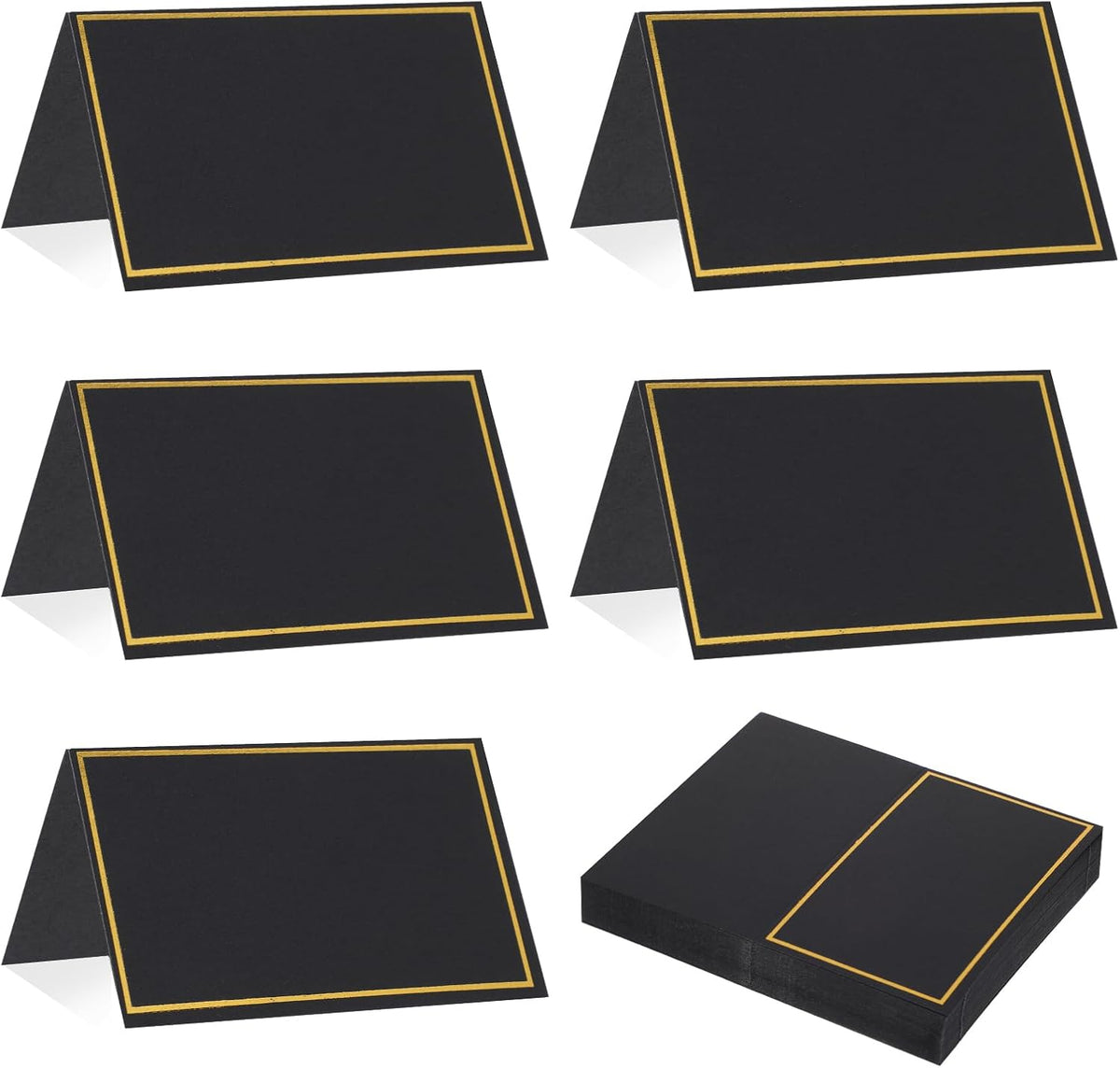 Place Cards for Table Setting - 50Pcs White Blank Table Place Cards with Gold Foil Border, Table Seating Name Cards for Weddings, Banquets Dinner Parties (Folfding Size 2x3.75 inches) (Black)
