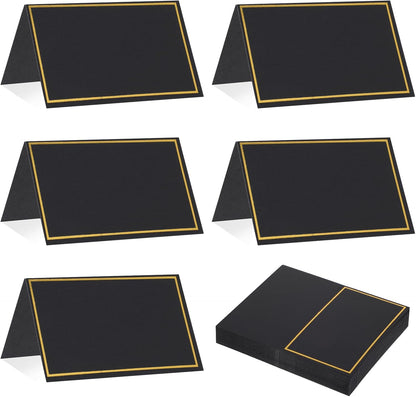 Place Cards for Table Setting - 50Pcs White Blank Table Place Cards with Gold Foil Border, Table Seating Name Cards for Weddings, Banquets Dinner Parties (Folfding Size 2x3.75 inches) (Black)