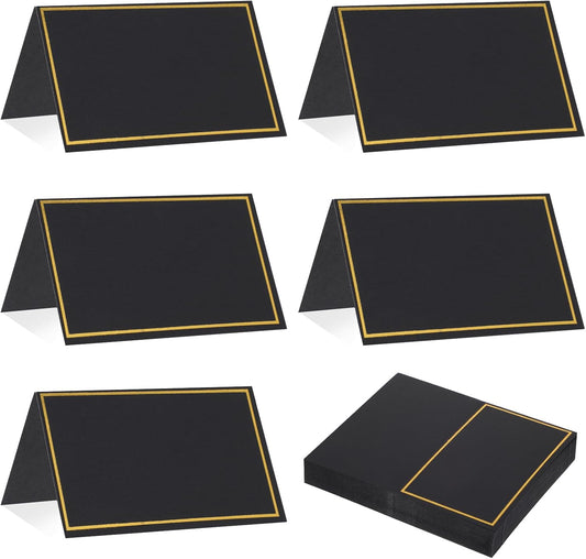 Place Cards for Table Setting - 50Pcs White Blank Table Place Cards with Gold Foil Border, Table Seating Name Cards for Weddings, Banquets Dinner Parties (Folfding Size 2x3.75 inches) (Black)