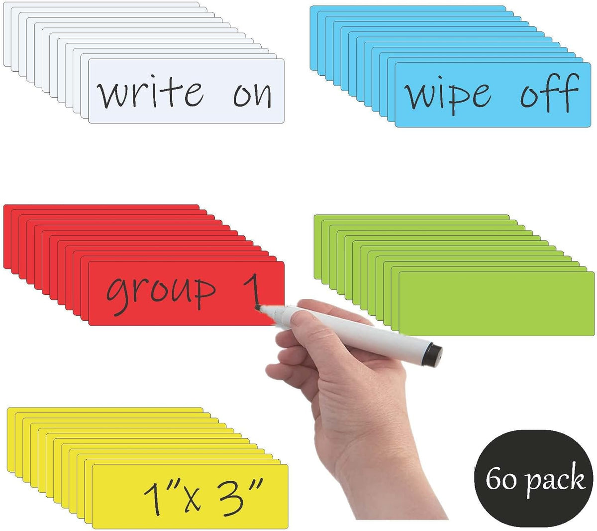STTMGN Dry Erase Magnetic Labels (1x3,Pack of 60),Write On Magnets Sticker,Real Waterproof/Reusable for Classroom&Office&Cabinet&whiteboard&Fridge&More (Multicolor)