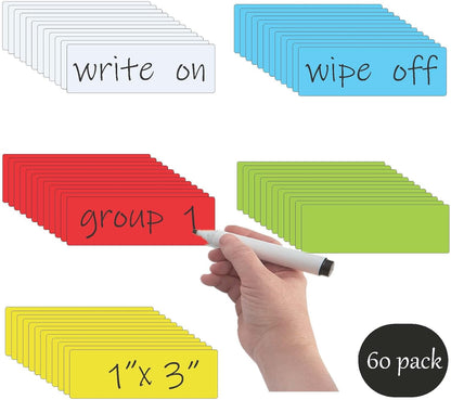 STTMGN Dry Erase Magnetic Labels (1x3,Pack of 60),Write On Magnets Sticker,Real Waterproof/Reusable for Classroom&Office&Cabinet&whiteboard&Fridge&More (Multicolor)