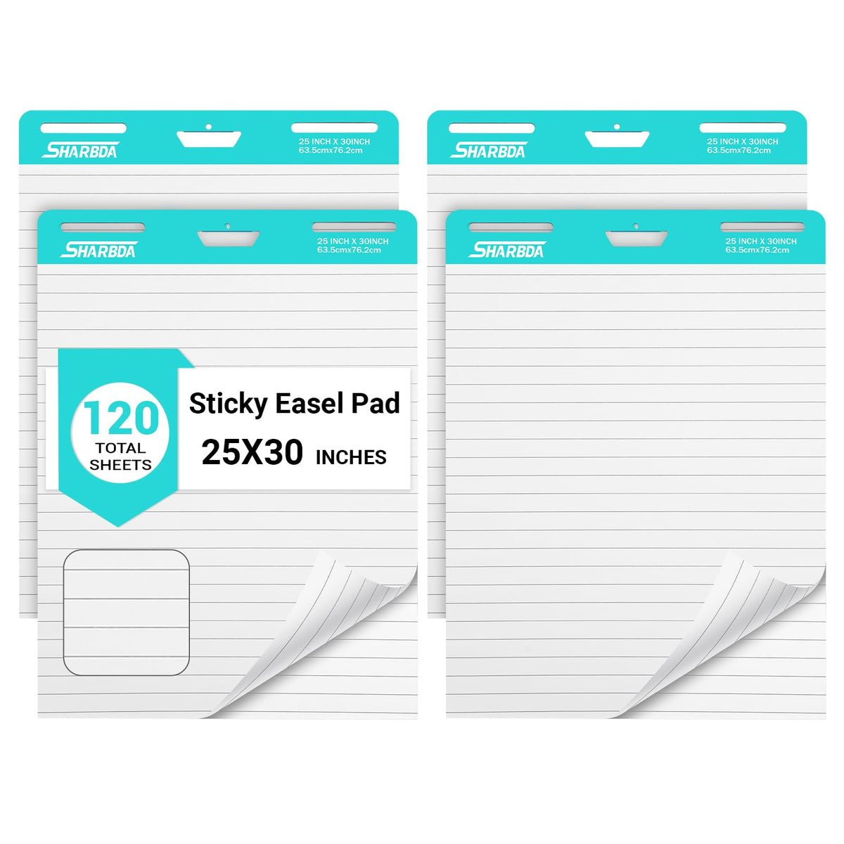 Lined Sticky Easel Pad, 25 * 30 inch,Self-Stick Flip Chart Paper, Super Adhesive & Bleed-Resistant,Micro-Perforated Tear,Classroom Teacher Office Presentation Pads,10 Pads/Pack,300 Sheets