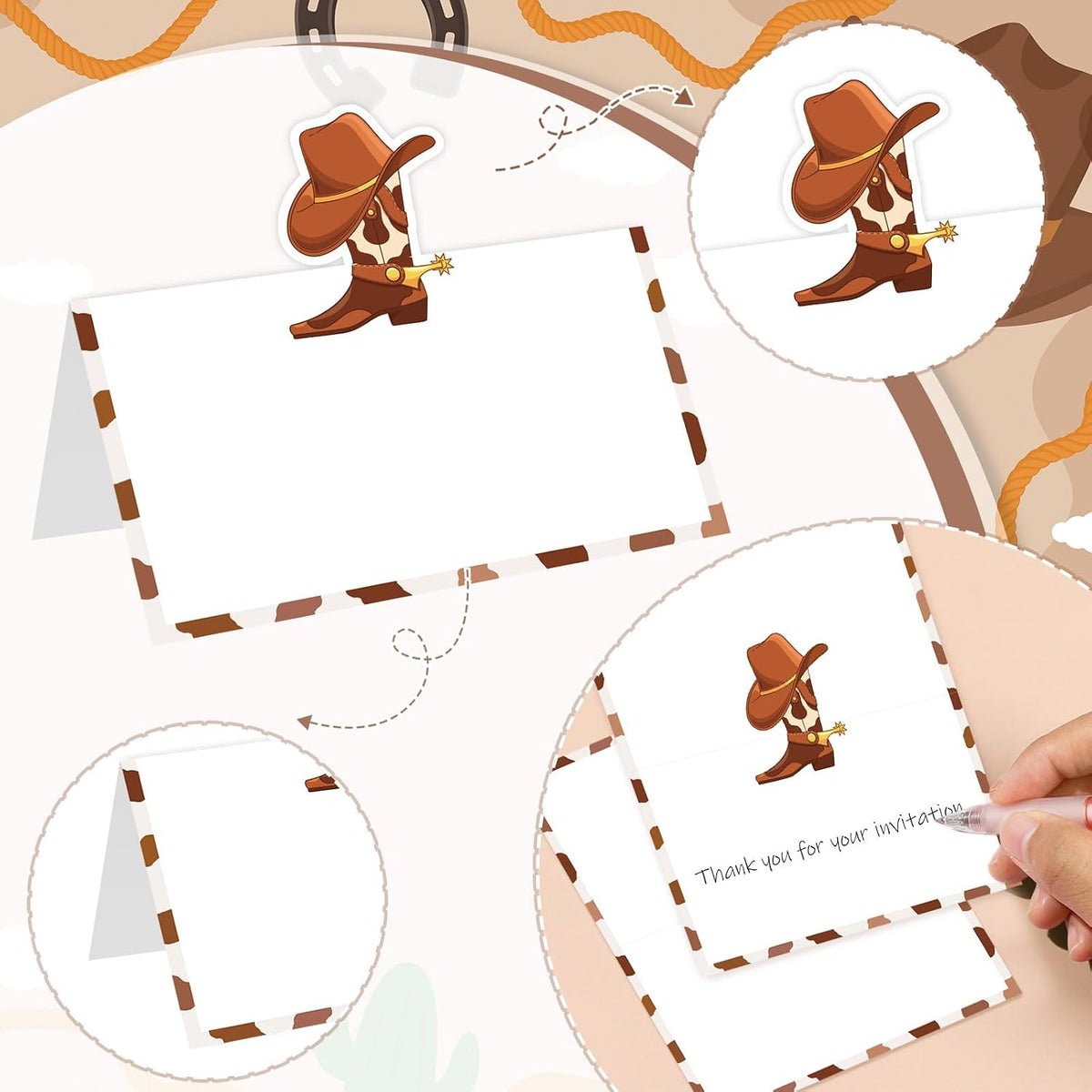Brown Cowboy Place Card for Table Setting Western Themed Name Card Placecards Cowboy Hat Boots Table Tent Name Card for Boys Men Birthday Party Decoration, Wedding, Dinner Party Favor Supplies Decor