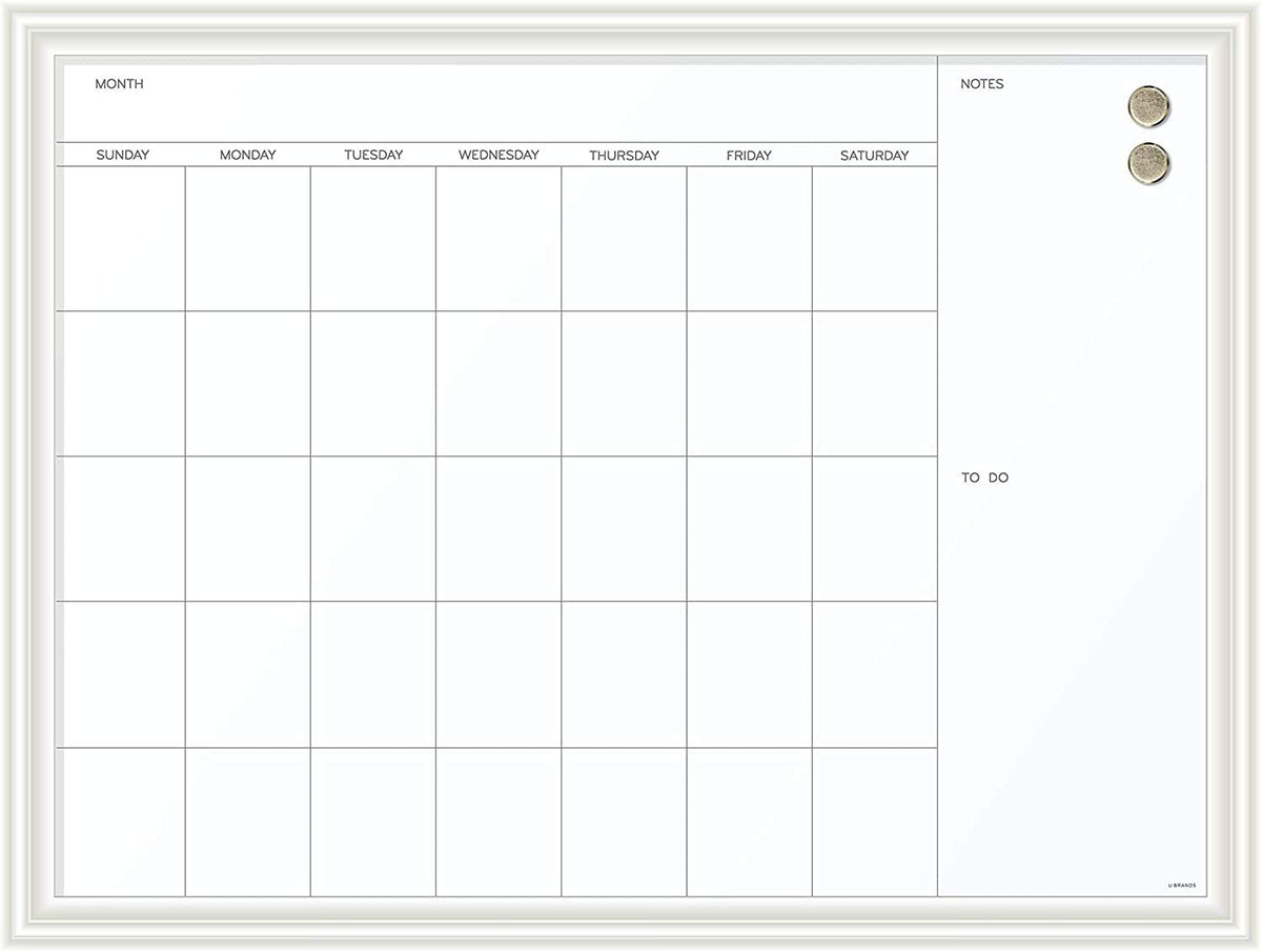U Brands Magnetic Dry Erase Calendar White Board, 30" x 20", White Wood Style Frame, Includes Magnets