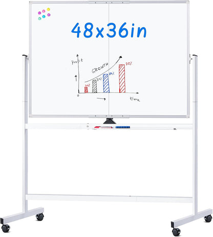 Maxtek Rolling Whiteboard 48 x 36 in Large Magnetic White Board on Wheels