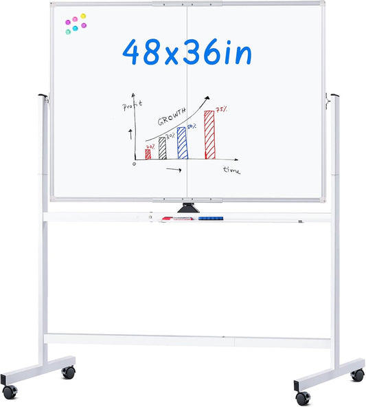 Maxtek Rolling Whiteboard 48 x 36 in Large Magnetic White Board on Wheels