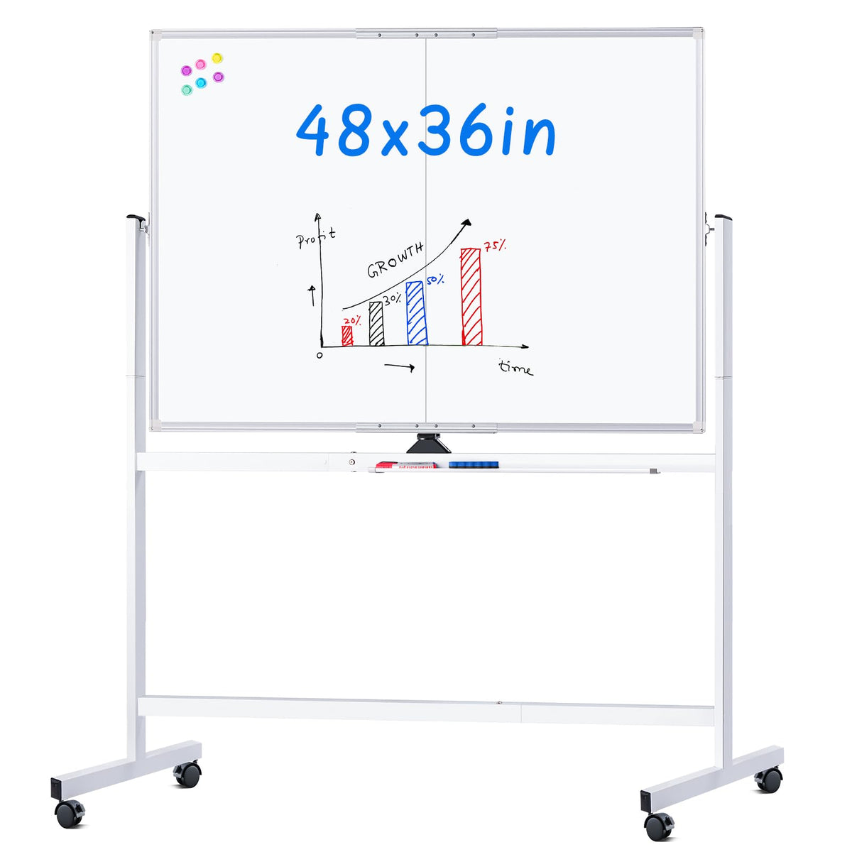 Maxtek Rolling Whiteboard 48 x 36 in Large Magnetic White Board on Wheels